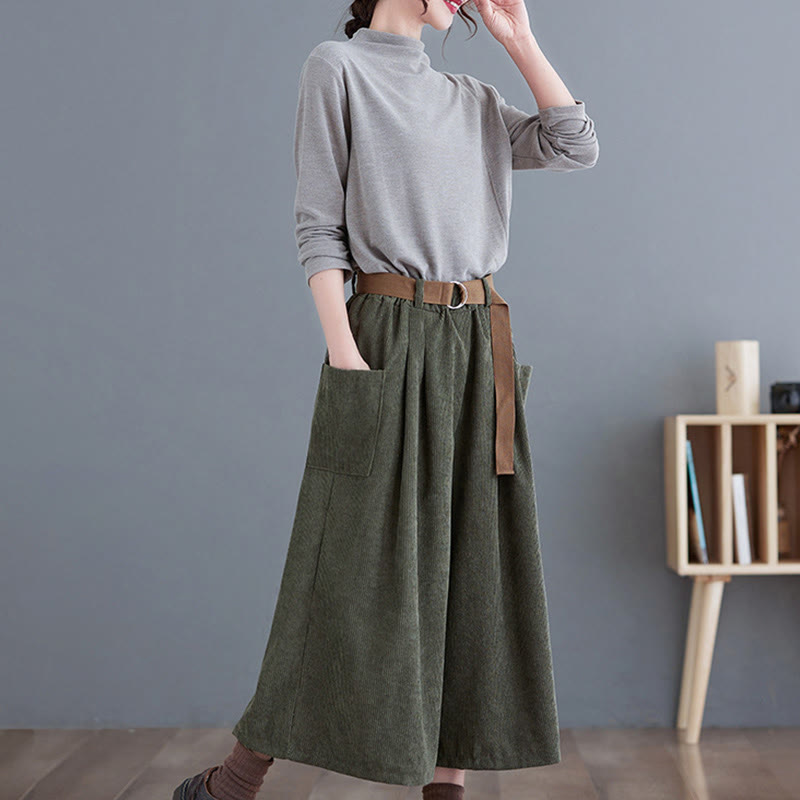 Nimara Ritual Retro Women's Wide Leg 7-8 Length Corduroy Pants With Pockets Belt