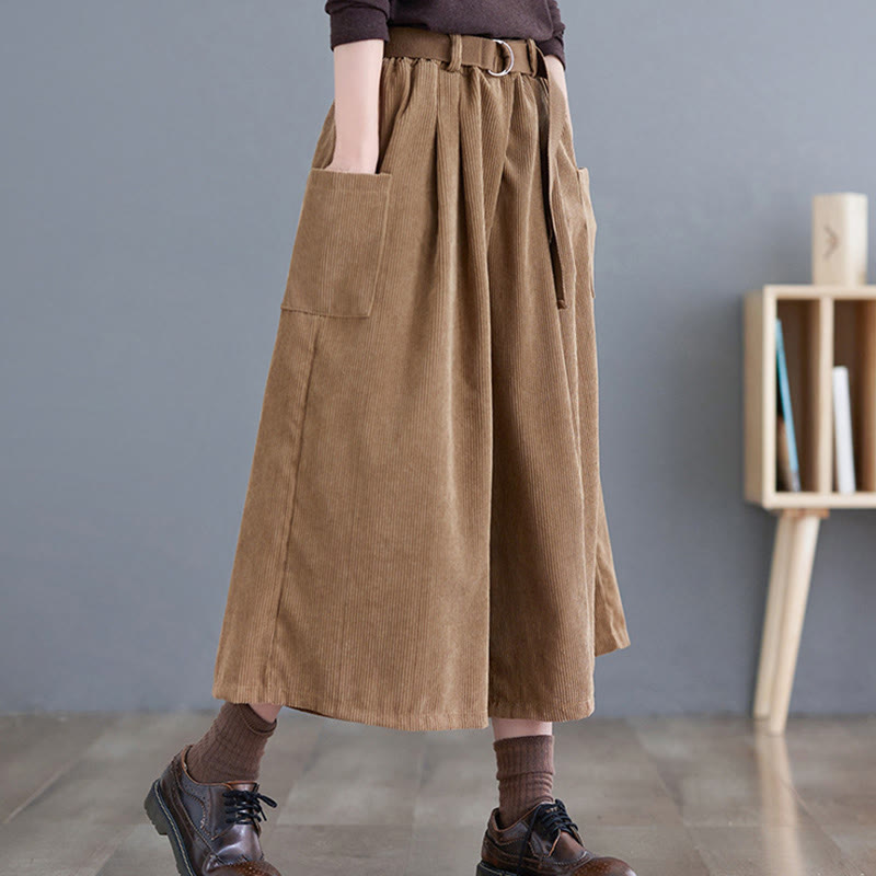 Nimara Ritual Retro Women's Wide Leg 7-8 Length Corduroy Pants With Pockets Belt