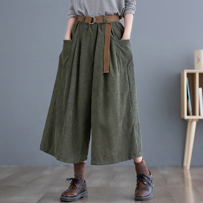 Nimara Ritual Retro Women's Wide Leg 7-8 Length Corduroy Pants With Pockets Belt