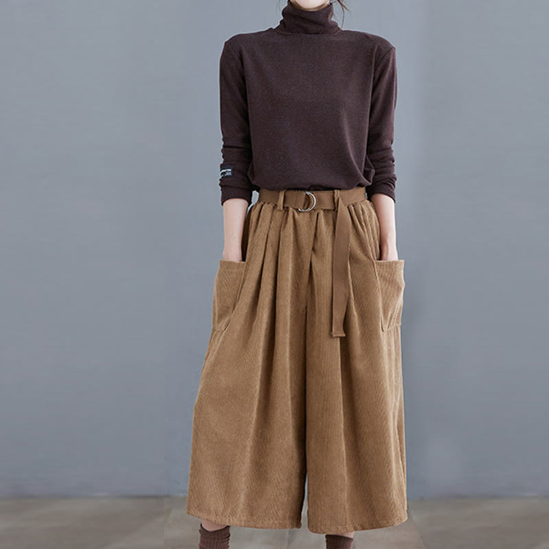 Nimara Ritual Retro Women's Wide Leg 7-8 Length Corduroy Pants With Pockets Belt