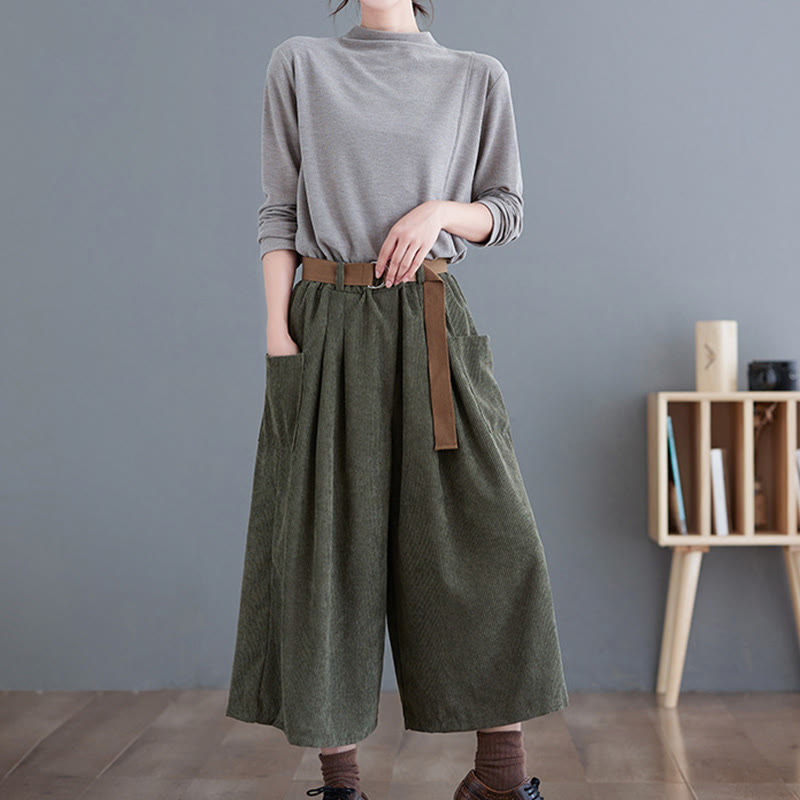Nimara Ritual Retro Women's Wide Leg 7-8 Length Corduroy Pants With Pockets Belt