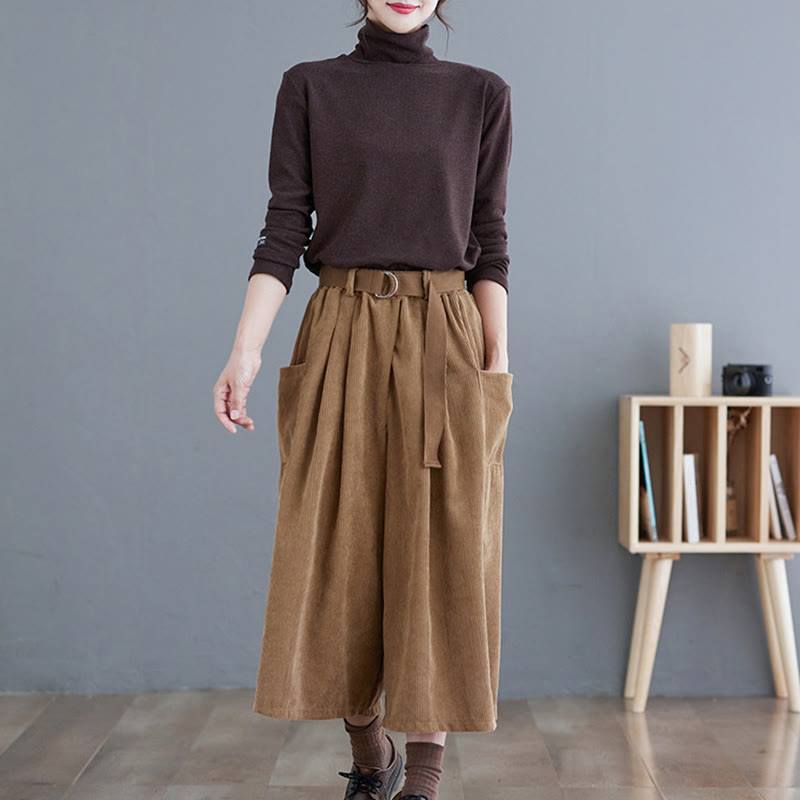 Nimara Ritual Retro Women's Wide Leg 7-8 Length Corduroy Pants With Pockets Belt