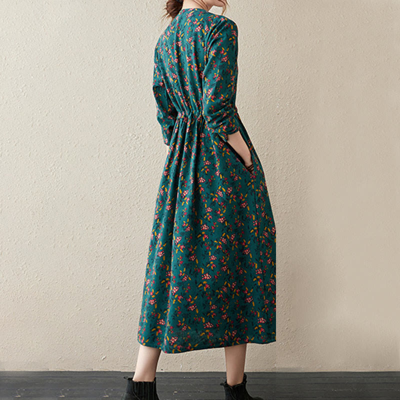 Nimara Ritual Ethnic Printing Floral Long Sleeve Buttons Design Midi Dress With Pockets