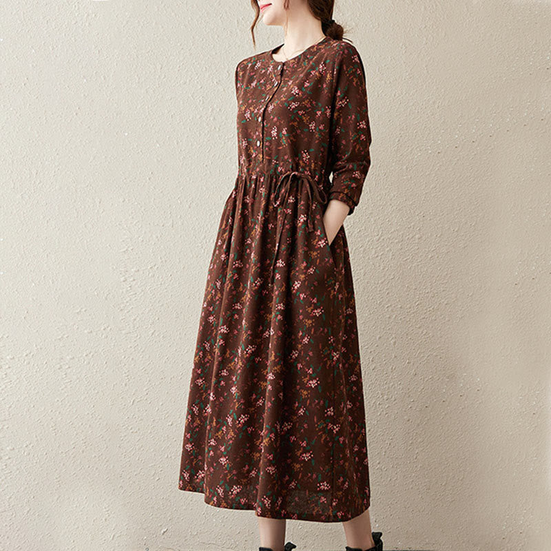 Nimara Ritual Ethnic Printing Floral Long Sleeve Buttons Design Midi Dress With Pockets