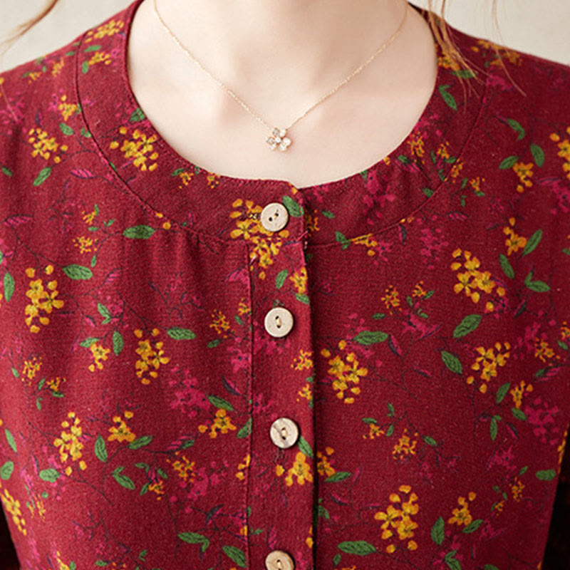 Nimara Ritual Ethnic Printing Floral Long Sleeve Buttons Design Midi Dress With Pockets