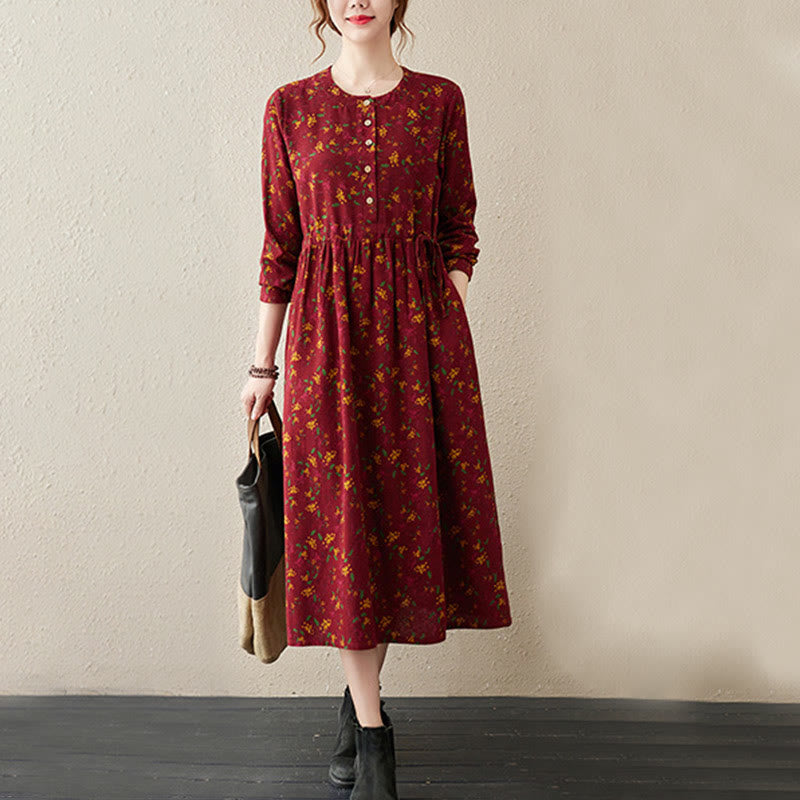 Nimara Ritual Ethnic Printing Floral Long Sleeve Buttons Design Midi Dress With Pockets