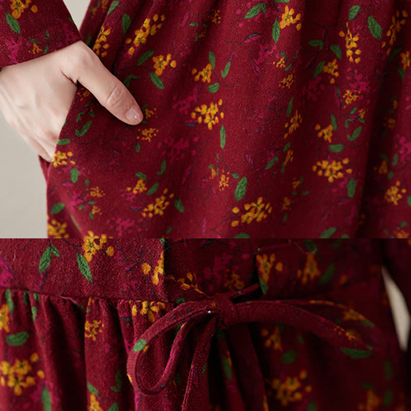 Nimara Ritual Ethnic Printing Floral Long Sleeve Buttons Design Midi Dress With Pockets