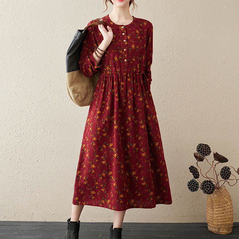 Nimara Ritual Ethnic Printing Floral Long Sleeve Buttons Design Midi Dress With Pockets