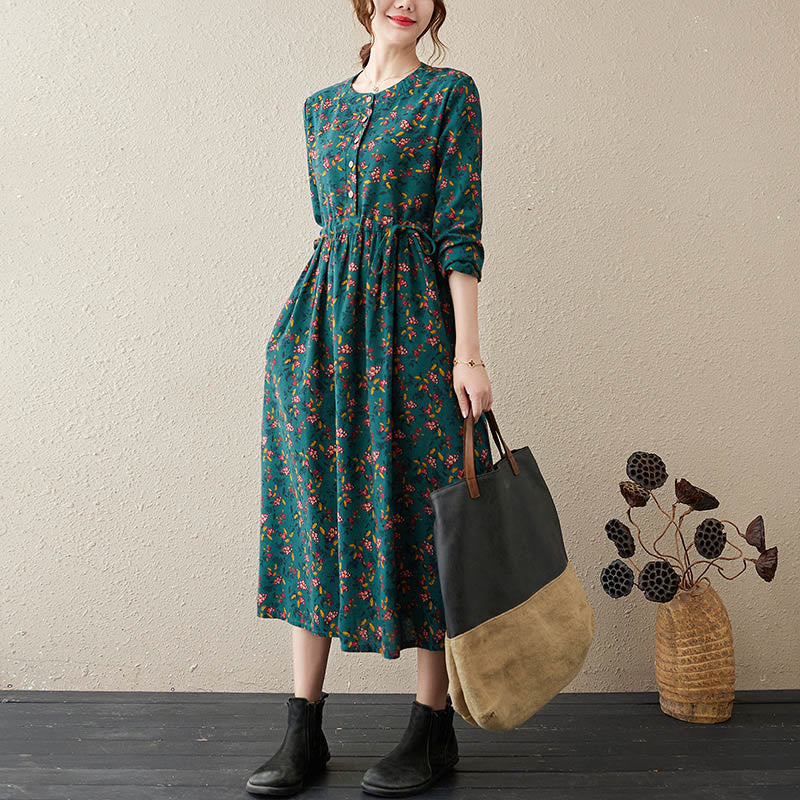 Nimara Ritual Ethnic Printing Floral Long Sleeve Buttons Design Midi Dress With Pockets
