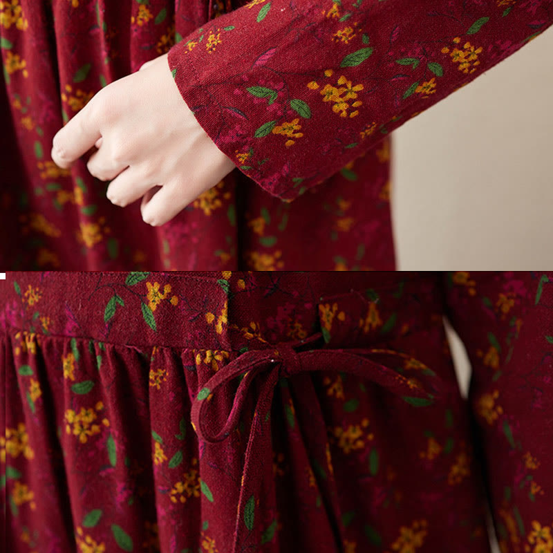 Nimara Ritual Ethnic Printing Floral Long Sleeve Buttons Design Midi Dress With Pockets
