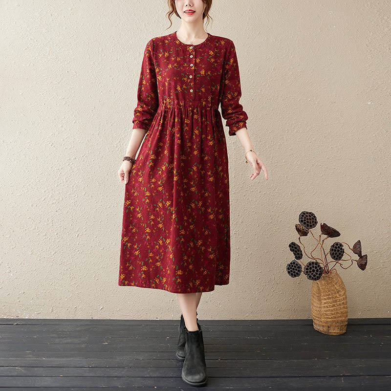 Nimara Ritual Ethnic Printing Floral Long Sleeve Buttons Design Midi Dress With Pockets