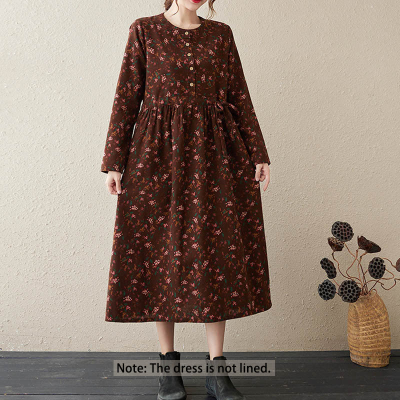 Nimara Ritual Ethnic Printing Floral Long Sleeve Buttons Design Midi Dress With Pockets