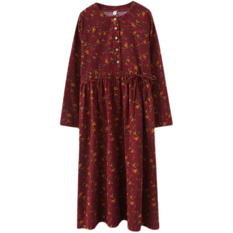 Nimara Ritual Ethnic Printing Floral Long Sleeve Buttons Design Midi Dress With Pockets
