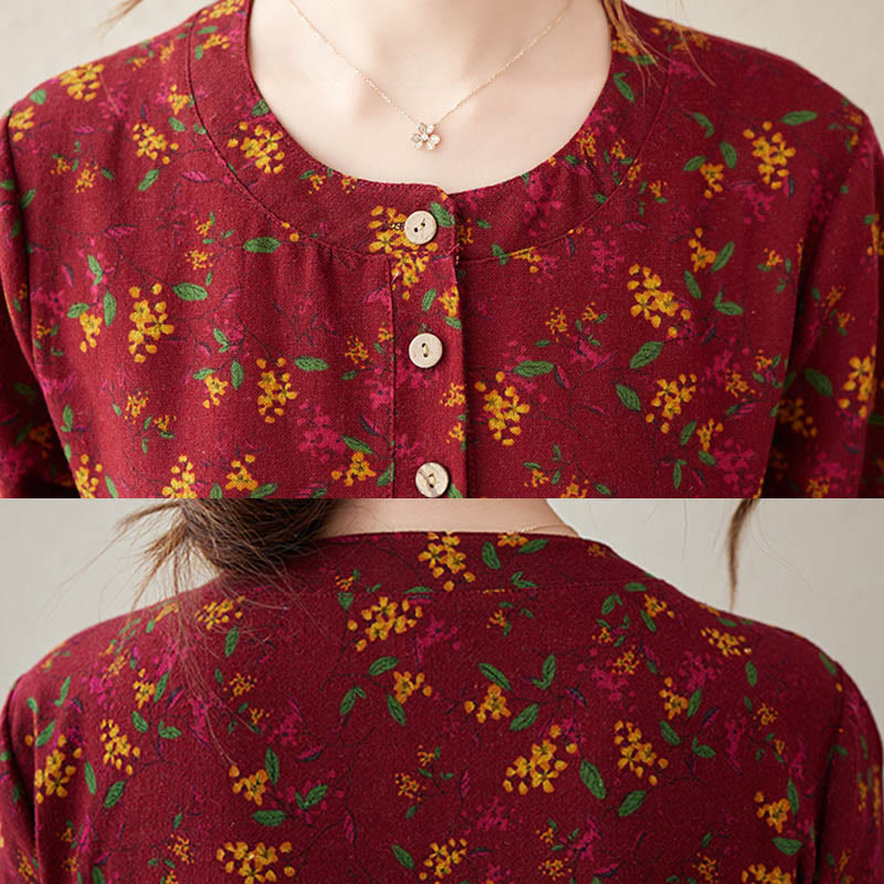 Nimara Ritual Ethnic Printing Floral Long Sleeve Buttons Design Midi Dress With Pockets