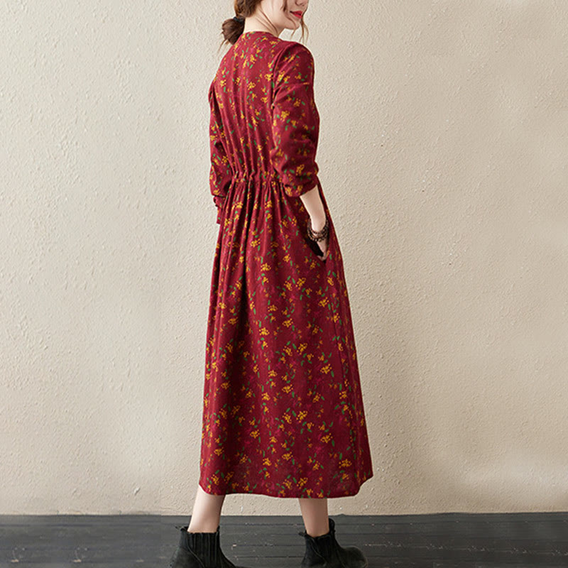 Nimara Ritual Ethnic Printing Floral Long Sleeve Buttons Design Midi Dress With Pockets