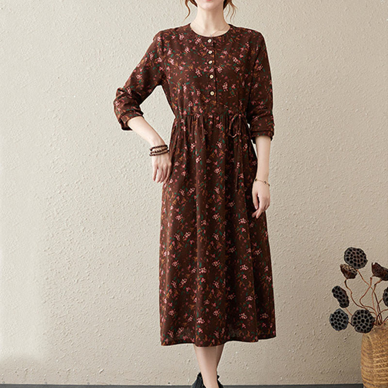 Nimara Ritual Ethnic Printing Floral Long Sleeve Buttons Design Midi Dress With Pockets