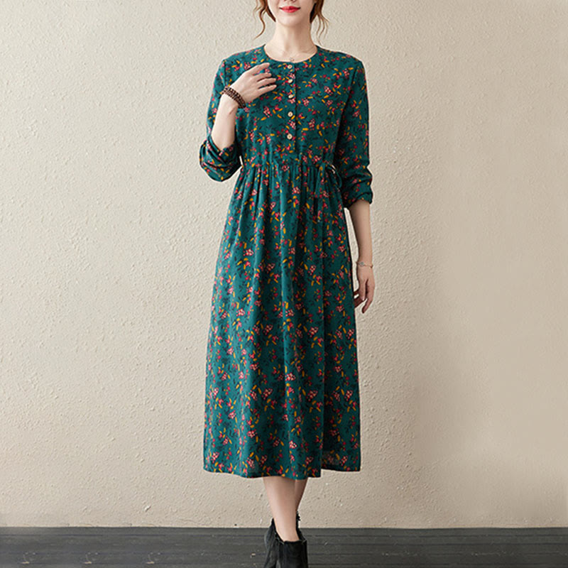 Nimara Ritual Ethnic Printing Floral Long Sleeve Buttons Design Midi Dress With Pockets