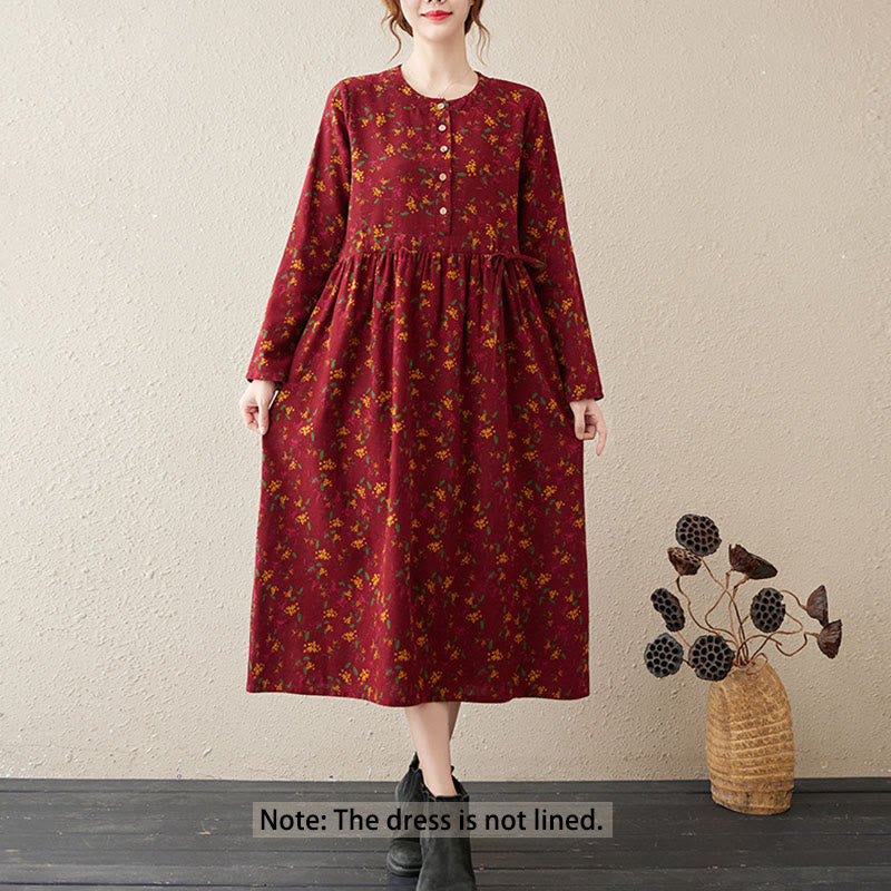 Nimara Ritual Ethnic Printing Floral Long Sleeve Buttons Design Midi Dress With Pockets