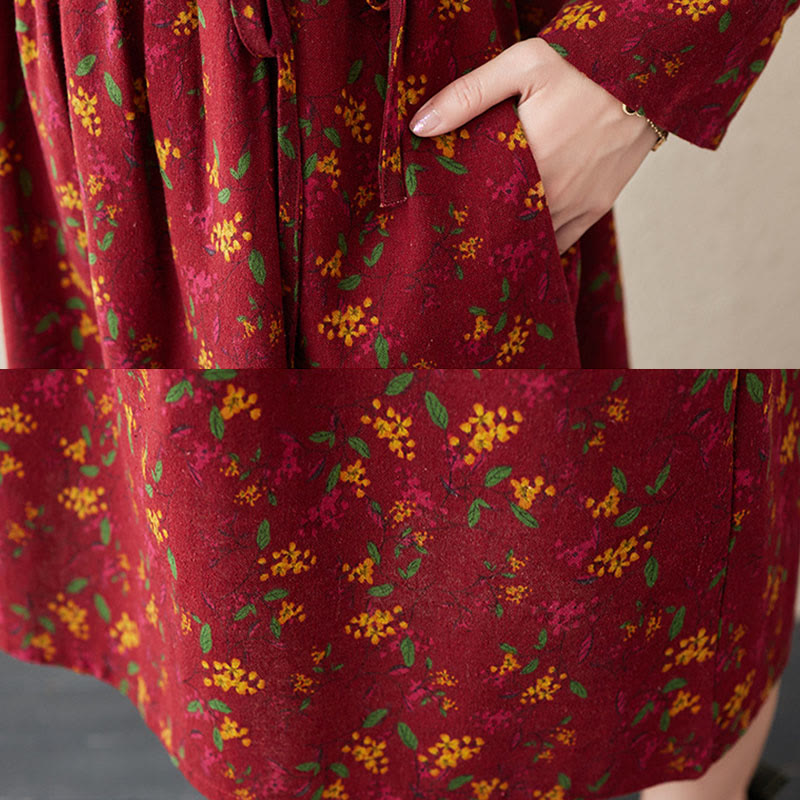 Nimara Ritual Ethnic Printing Floral Long Sleeve Buttons Design Midi Dress With Pockets