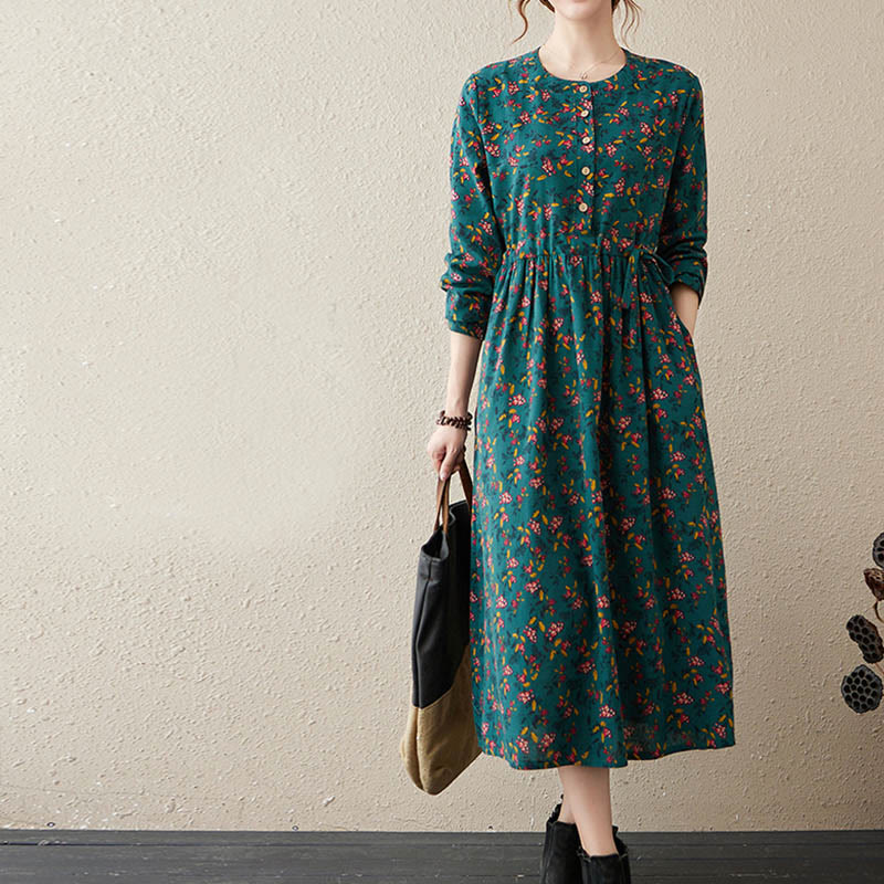 Nimara Ritual Ethnic Printing Floral Long Sleeve Buttons Design Midi Dress With Pockets