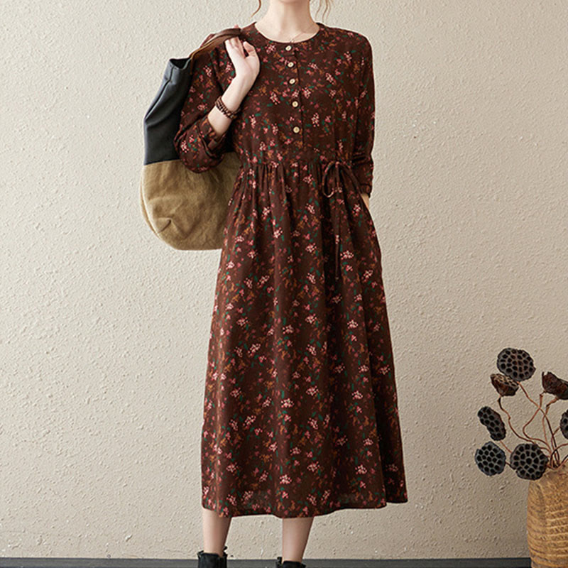 Nimara Ritual Ethnic Printing Floral Long Sleeve Buttons Design Midi Dress With Pockets