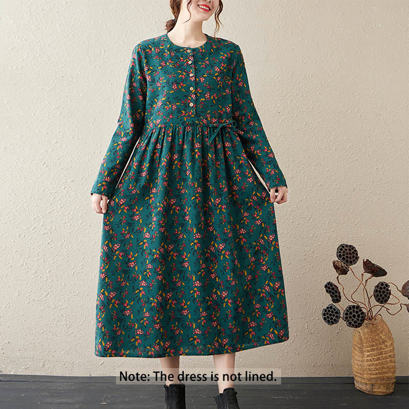 Nimara Ritual Ethnic Printing Floral Long Sleeve Buttons Design Midi Dress With Pockets
