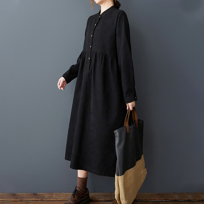 Nimara Ritual Plain Buttons Design Thermal Long Sleeve Midi Dress With Pockets
