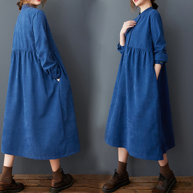Nimara Ritual Plain Buttons Design Thermal Long Sleeve Midi Dress With Pockets
