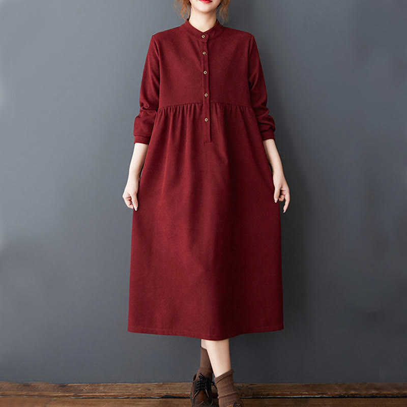 Nimara Ritual Plain Buttons Design Thermal Long Sleeve Midi Dress With Pockets