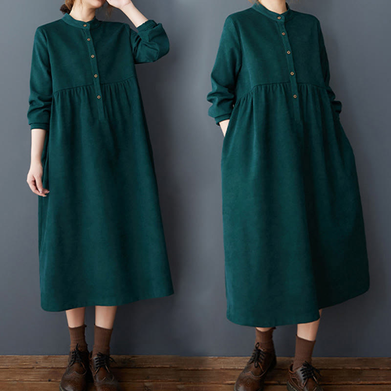 Nimara Ritual Plain Buttons Design Thermal Long Sleeve Midi Dress With Pockets