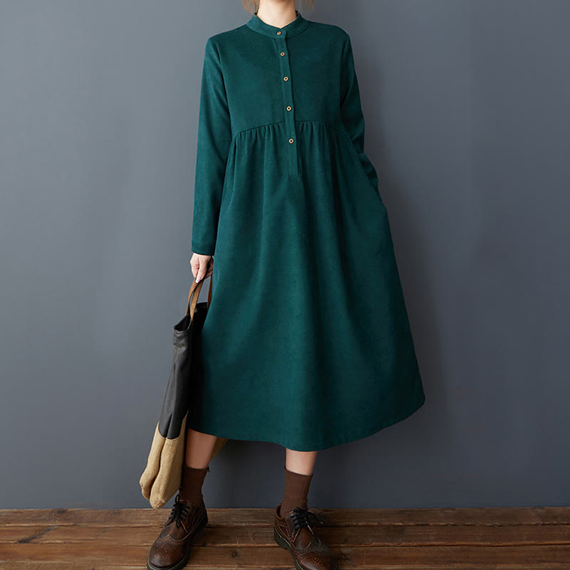 Nimara Ritual Plain Buttons Design Thermal Long Sleeve Midi Dress With Pockets