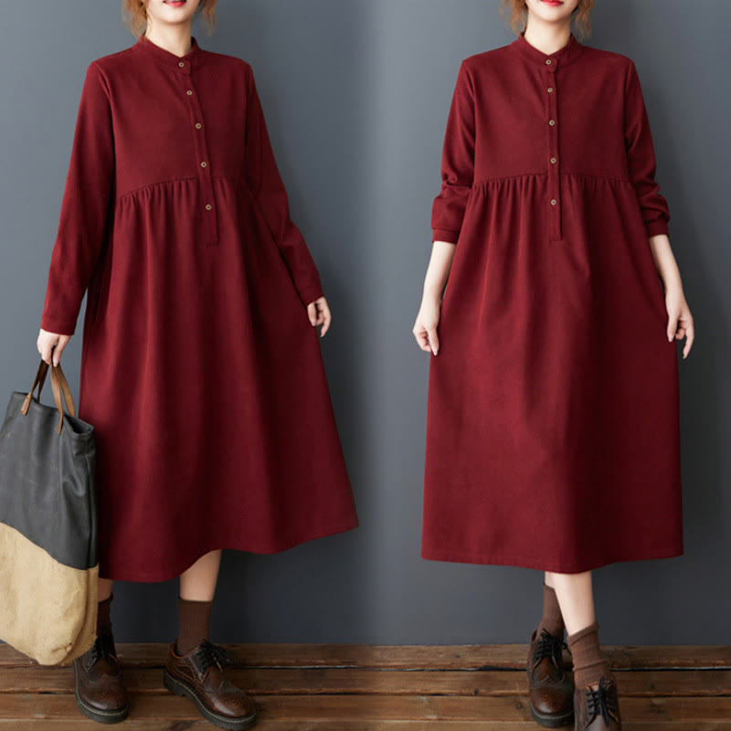 Nimara Ritual Plain Buttons Design Thermal Long Sleeve Midi Dress With Pockets