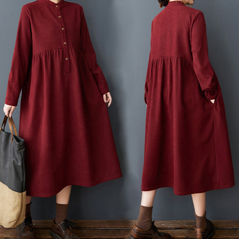 Nimara Ritual Plain Buttons Design Thermal Long Sleeve Midi Dress With Pockets