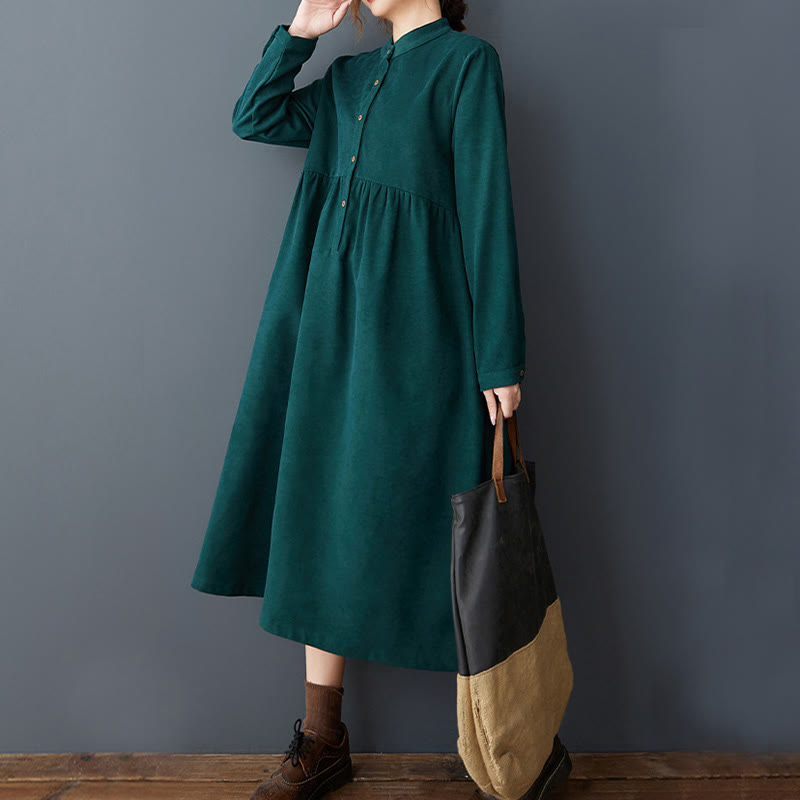 Nimara Ritual Plain Buttons Design Thermal Long Sleeve Midi Dress With Pockets