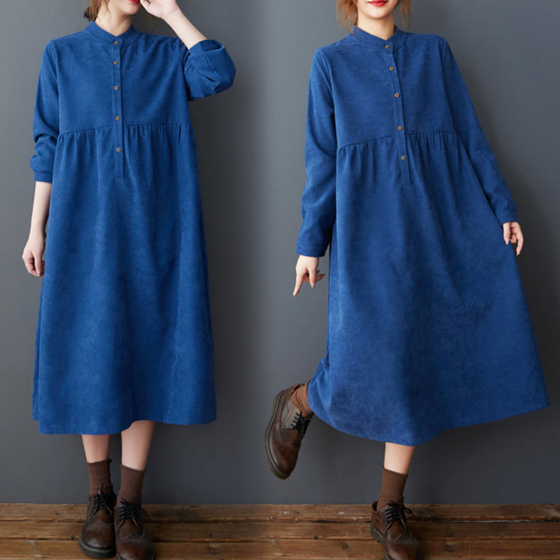 Nimara Ritual Plain Buttons Design Thermal Long Sleeve Midi Dress With Pockets
