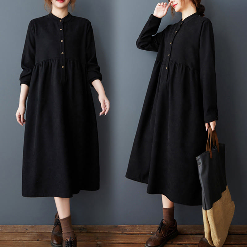 Nimara Ritual Plain Buttons Design Thermal Long Sleeve Midi Dress With Pockets
