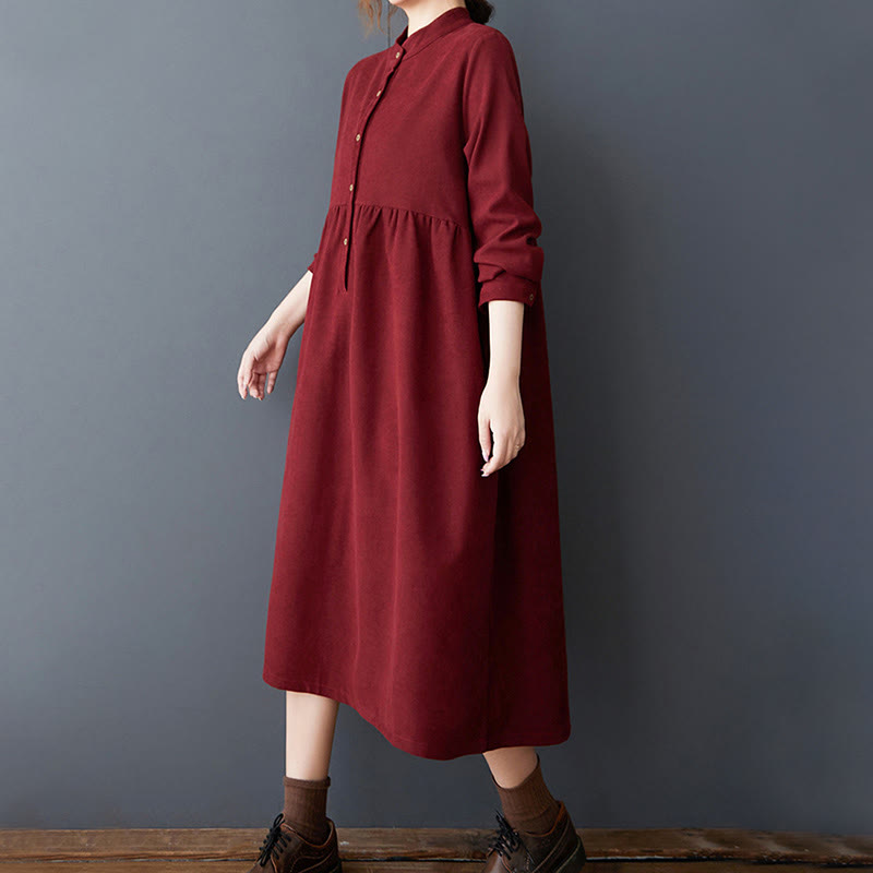 Nimara Ritual Plain Buttons Design Thermal Long Sleeve Midi Dress With Pockets