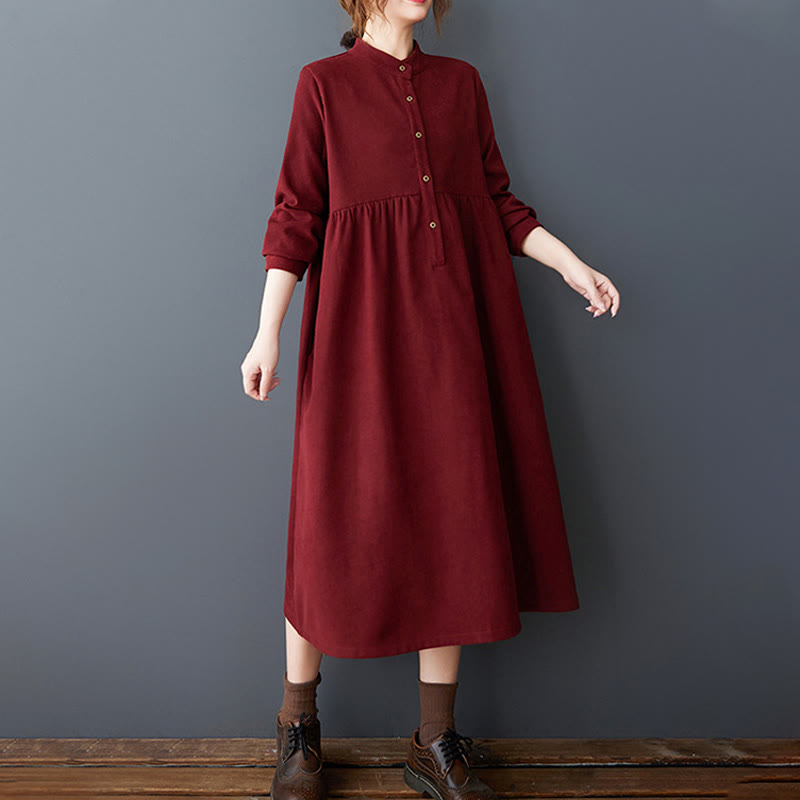 Nimara Ritual Plain Buttons Design Thermal Long Sleeve Midi Dress With Pockets