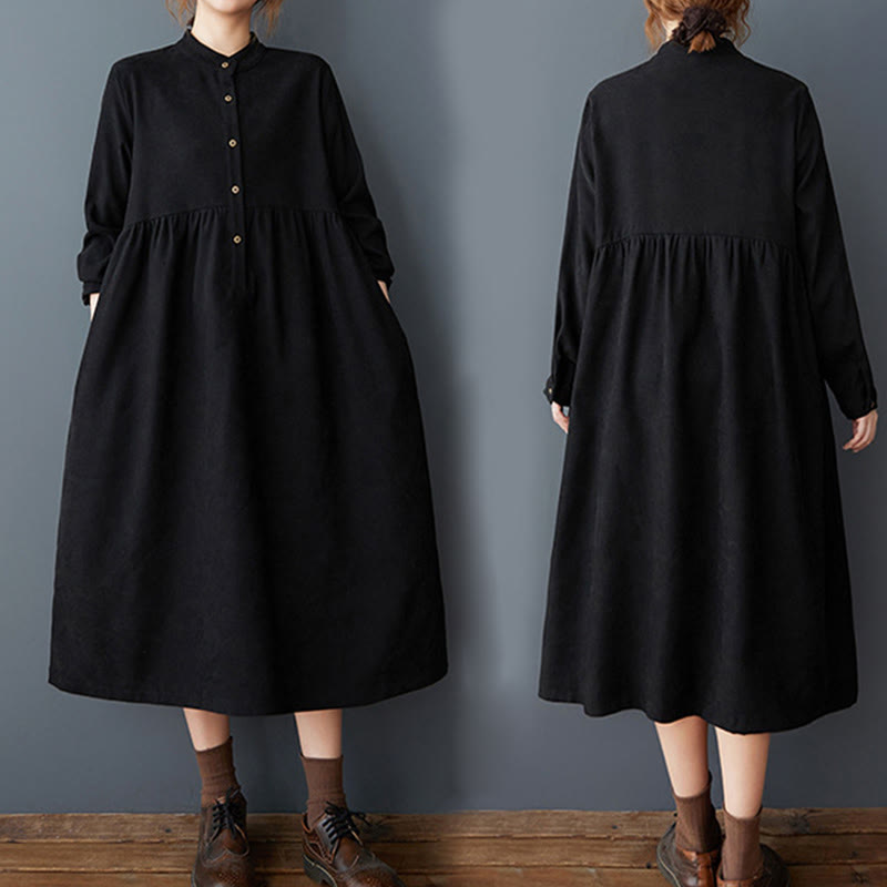 Nimara Ritual Plain Buttons Design Thermal Long Sleeve Midi Dress With Pockets