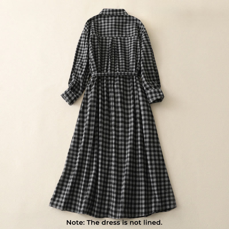 Nimara Ritual Black Lace-Up Design Plaid Lapel Long Sleeve Cotton Linen Midi Dress With Pockets