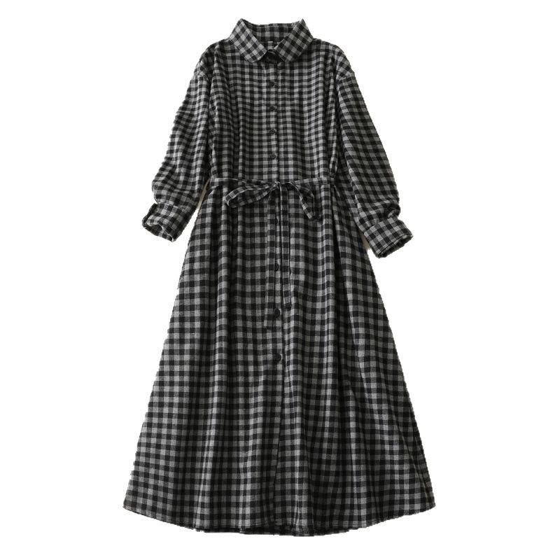 Nimara Ritual Black Lace-Up Design Plaid Lapel Long Sleeve Cotton Linen Midi Dress With Pockets