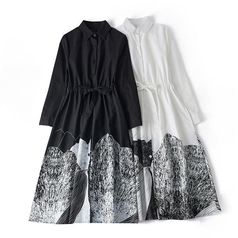 Nimara Ritual Printing Irregular Lines Long Sleeve Lace-up Lapel Cotton Midi Dress With Pockets