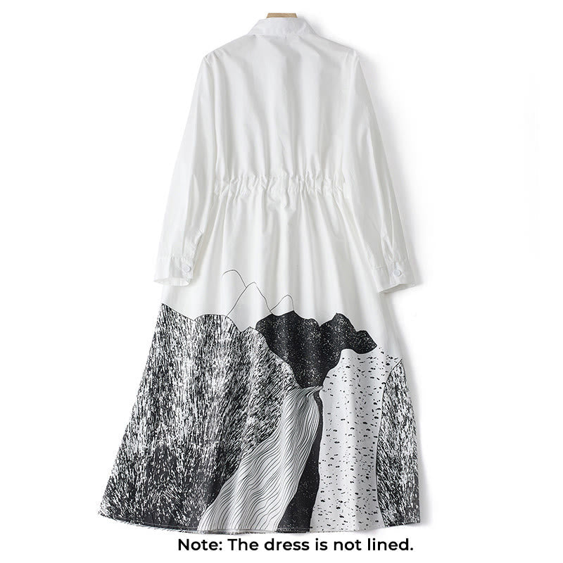 Nimara Ritual Printing Irregular Lines Long Sleeve Lace-up Lapel Cotton Midi Dress With Pockets