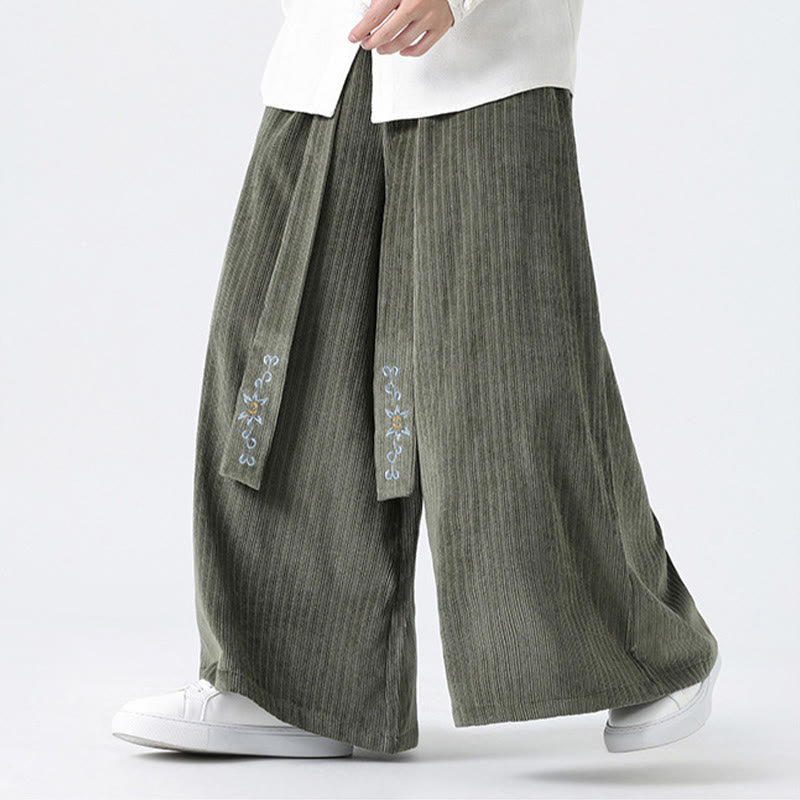 Nimara Ritual Casual Embroidery Drawstring Design Men's Corduroy Wide Leg Pants With Pockets