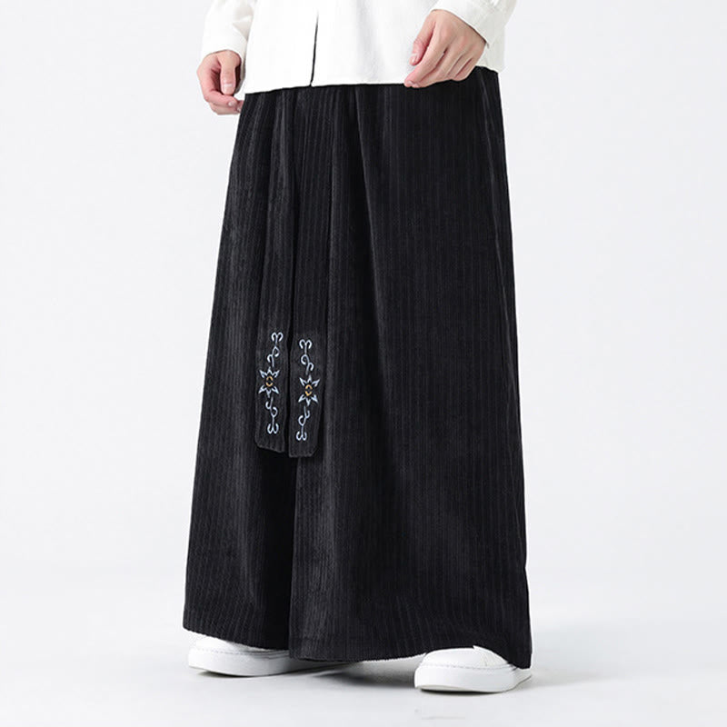 Nimara Ritual Casual Embroidery Drawstring Design Men's Corduroy Wide Leg Pants With Pockets