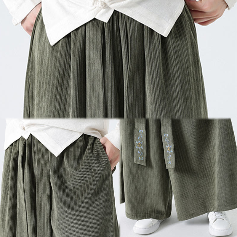 Nimara Ritual Casual Embroidery Drawstring Design Men's Corduroy Wide Leg Pants With Pockets