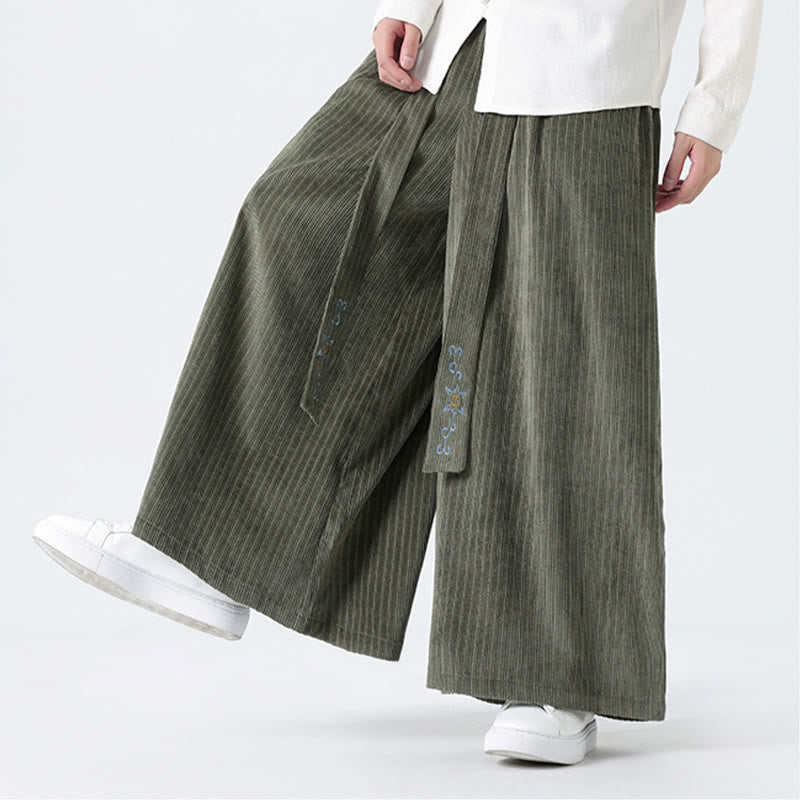 Nimara Ritual Casual Embroidery Drawstring Design Men's Corduroy Wide Leg Pants With Pockets