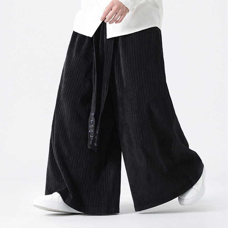 Nimara Ritual Casual Embroidery Drawstring Design Men's Corduroy Wide Leg Pants With Pockets