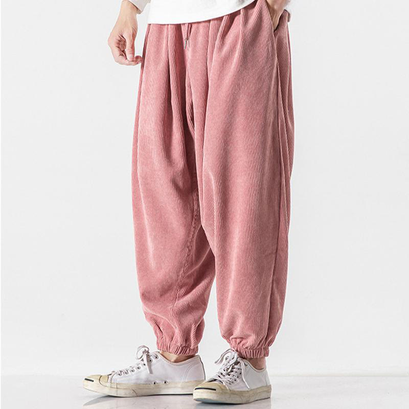 Nimara Ritual Casual Pure Color Men's Drawstring Corduroy Harem Ankle-Length Pants With Pockets