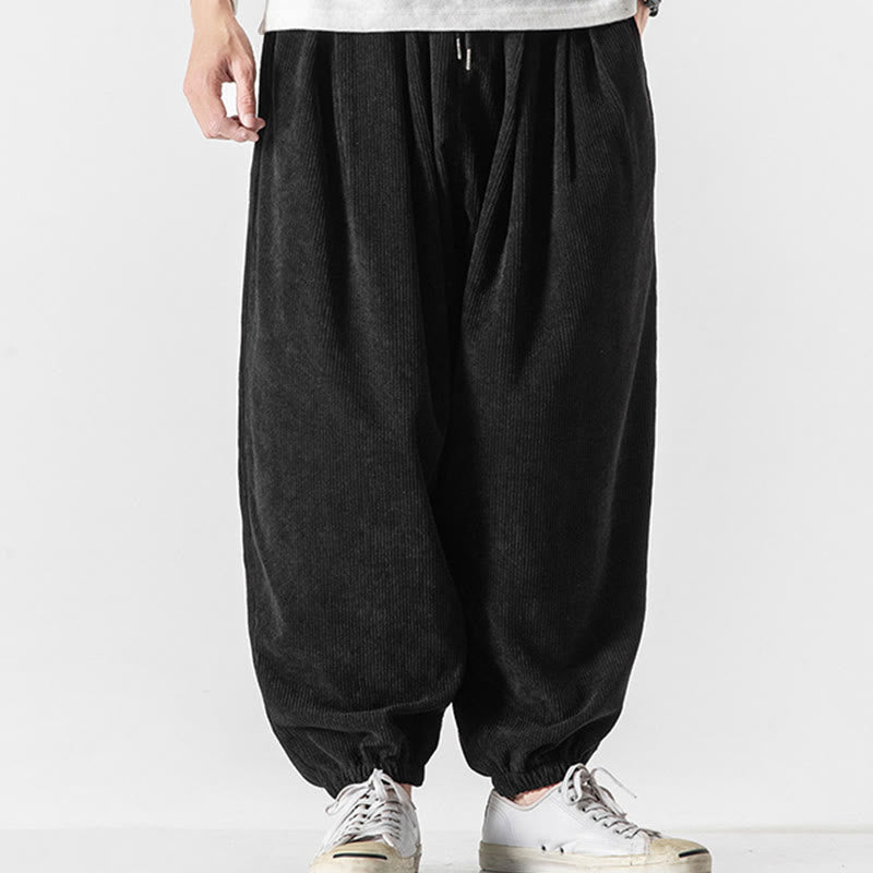 Nimara Ritual Casual Pure Color Men's Drawstring Corduroy Harem Ankle-Length Pants With Pockets